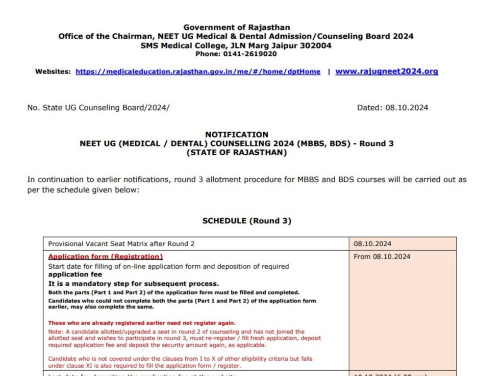 Rajasthan NEET UG 2024: Round 3 Counseling Registration Now Open – Check Schedule