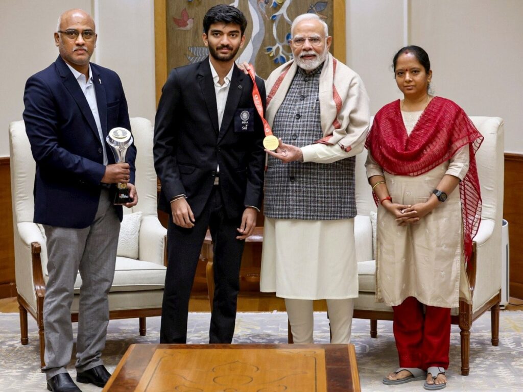 D Gukesh Gifts Special Chess Board to PM Narendra Modi