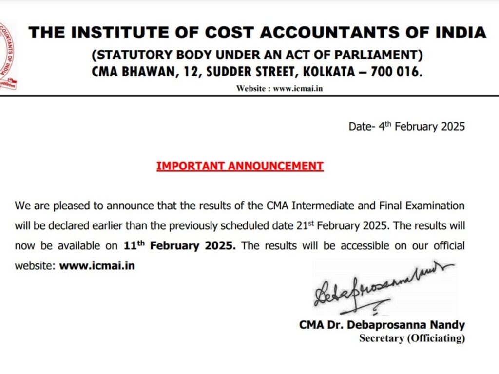 ICMAI CMA Inter and Final Results Release Date: December 2024 Results Details Revealed