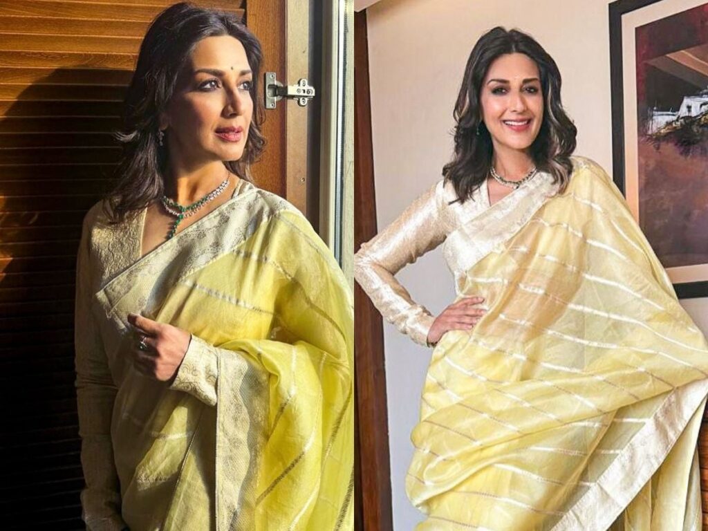 Sonali Bendre Stuns in Lemon Saree: Full Look Details Inside