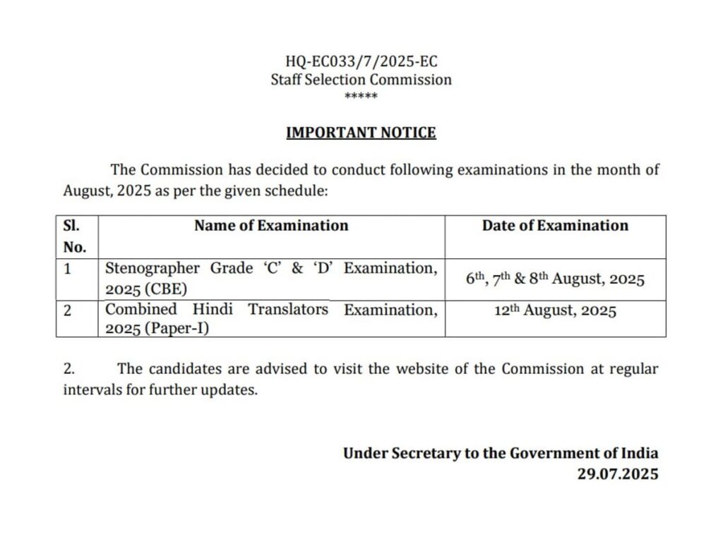 SSC Exam Dates 2025 Announced for Stenographer and Combined Hindi Translator - Check Notice